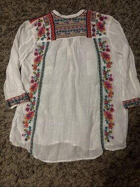 Johnny Was White Embroidered Linen Tunic with Pink & Teal Floral Accents